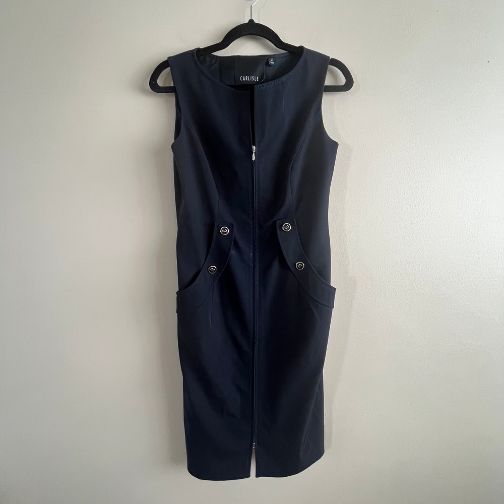 Carlisle Navy Sheath Dress Size 2 Silver Button Pocket Flaps Sleeveless